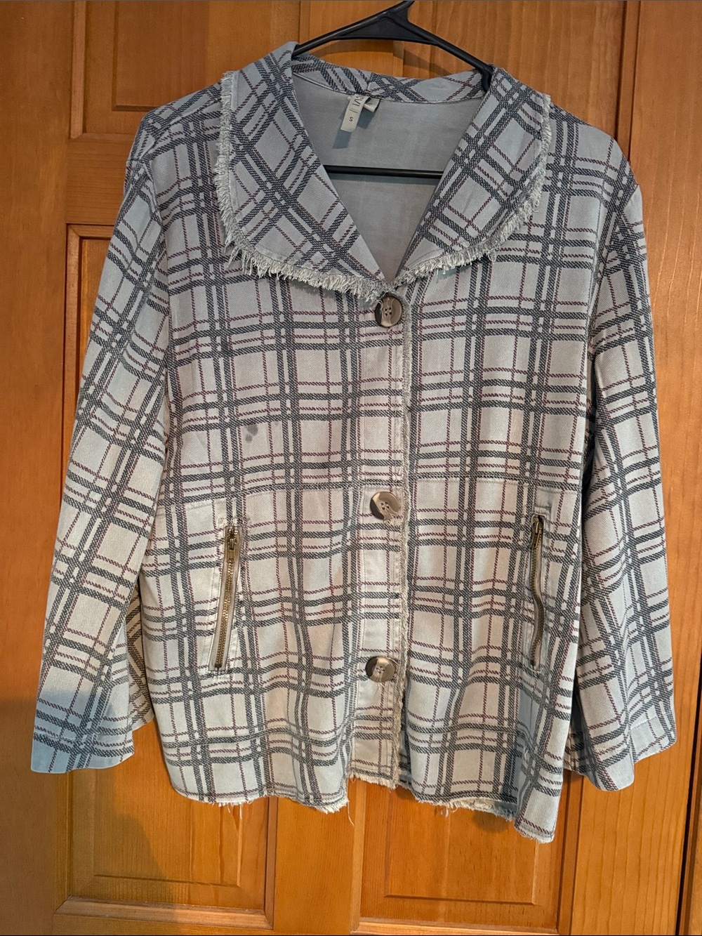 XCVI Medium Grey with Black and Burgundy Plaid Fringe-Trim Button Jacket